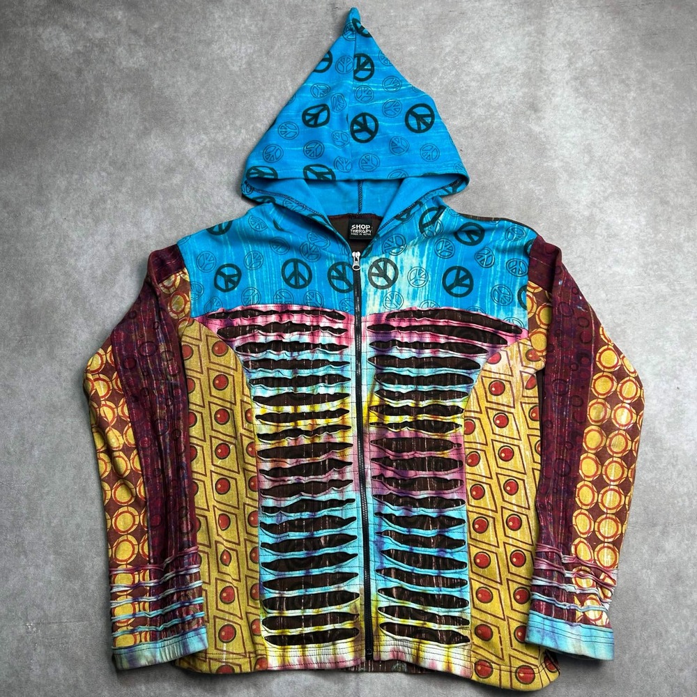 Shop Therapy Nepal Cotton Patchwork Peace Sign Zip Up Hoodie Blue Brown S/M